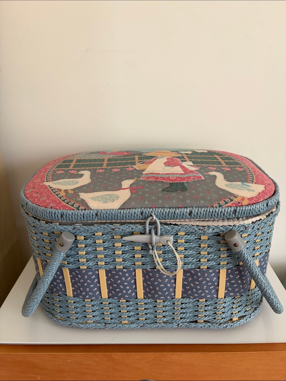Vintage Woven Sewing Basket with Goose Panel - Blue & Pink